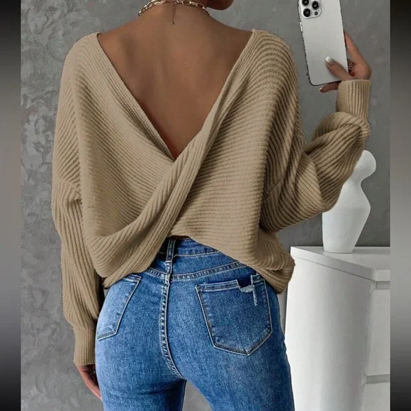 Cozy twist back ribbed knit sweater top